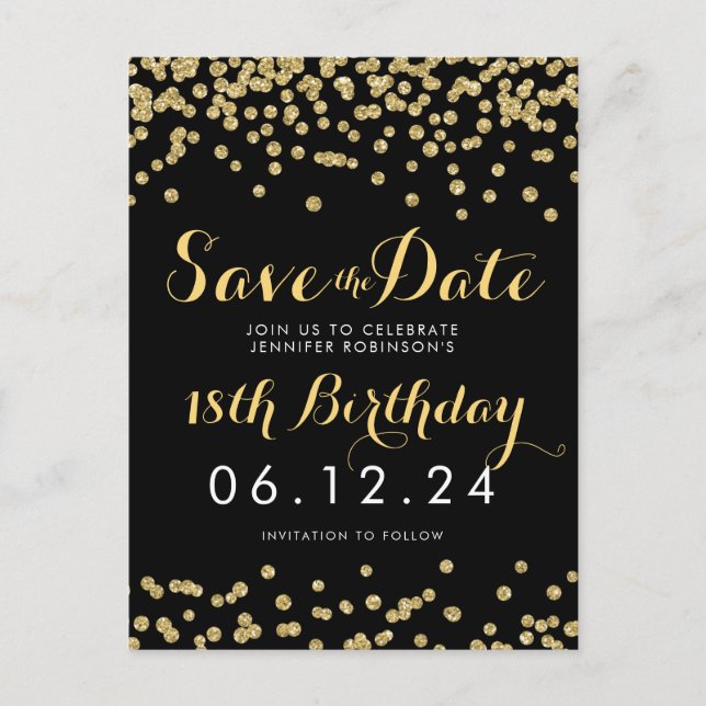 Birthday Save the Date Gold Glitter Confetti Black Announcement Postcard (Front)