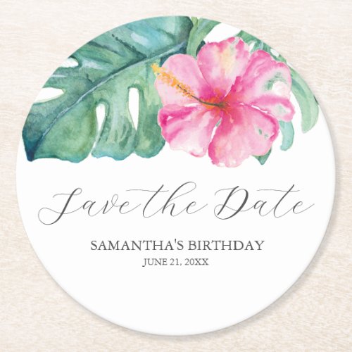 Birthday Save The Date Tropical Theme Round Paper Coaster