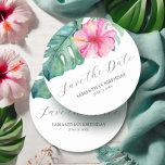 Birthday Save The Date Tropical Theme Round Paper Coaster<br><div class="desc">Set the tone for your milestone celebration with these elegant birthday save the date coaster cards. Featuring a stunning top border of watercolor tropical flowers and monstera palm leaves, this design exudes a vibrant yet sophisticated tropical vibe, perfect for birthdays of all ages. The words "Save the Date" are typeset...</div>