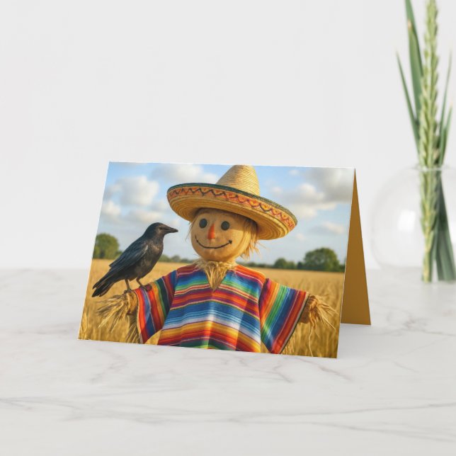Birthday Scarecrow Wearing a Sombrero and Poncho Card (Front)