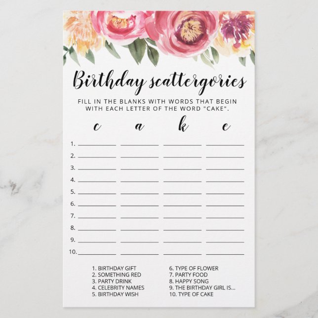 Birthday Scattergories editable game (Front)