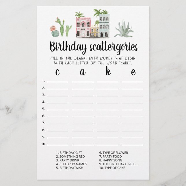 Birthday Scattergories editable game (Front)