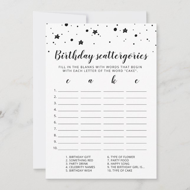 Birthday Scattergories editable game Card (Front)