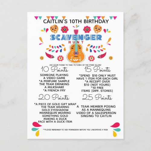 birthday scavenger hunt game kids fiesta party announcement postcard