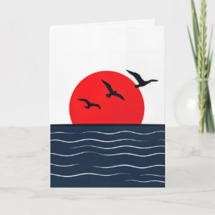 Birthday Seagulls on Red Sun in Ocean Card