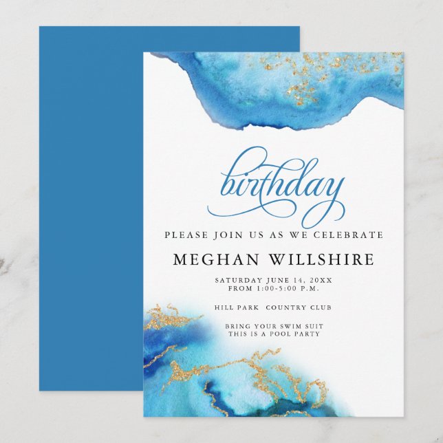 Birthday September Sapphire Watercolor Geode Invitation (Front/Back)