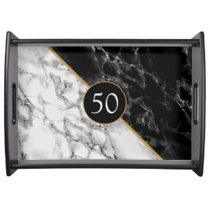 Birthday Serving Tray Black White Marble Add Years