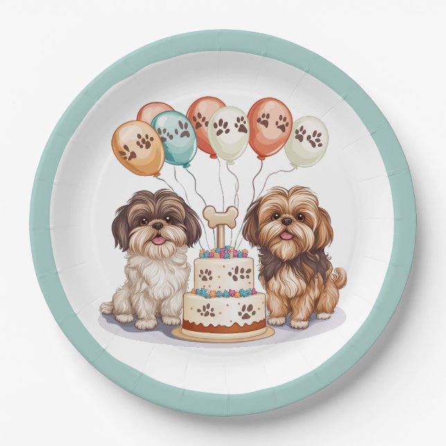 Birthday Shih Tzu Dogs Birthday Cake Paper Plates (Front)
