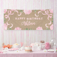 Birthday Sign, Kraft Colored Pink Hydranagea