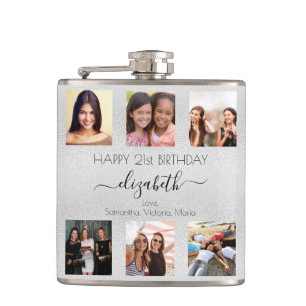 Birthday silver best friends photo names flask
