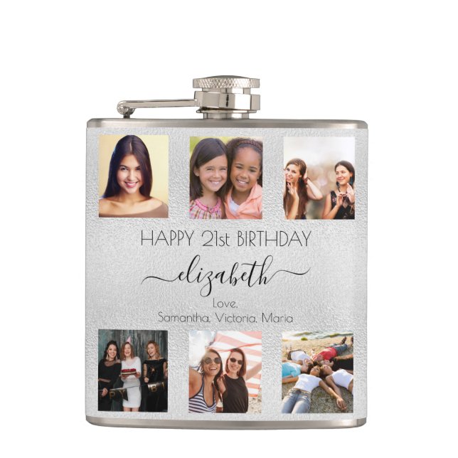 Birthday silver best friends photo names flask (Front)