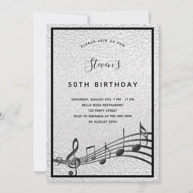 Birthday silver black music notes metallic invitation (Front)