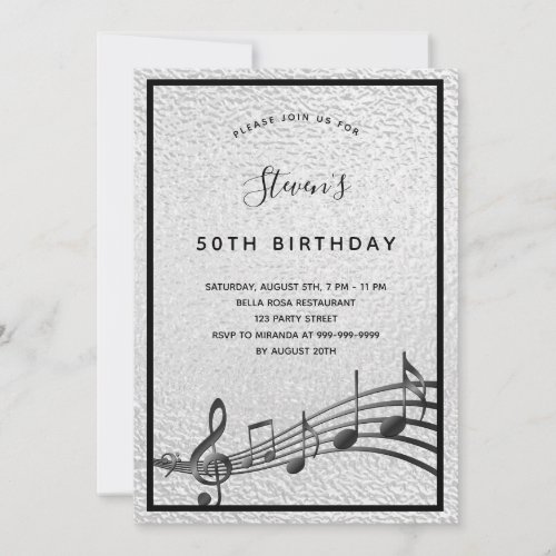 Birthday silver black music notes metallic invitation