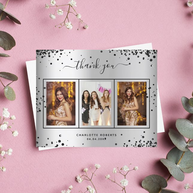 Birthday silver black photo thank you card (Creator Uploaded)