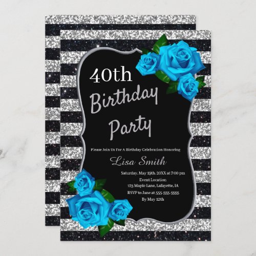 Birthday Silver Black Stripes Glitter Blue Roses Invitation