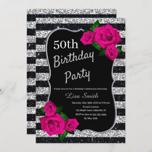 Birthday Silver Black Stripes Glitter Pink Roses Invitation
