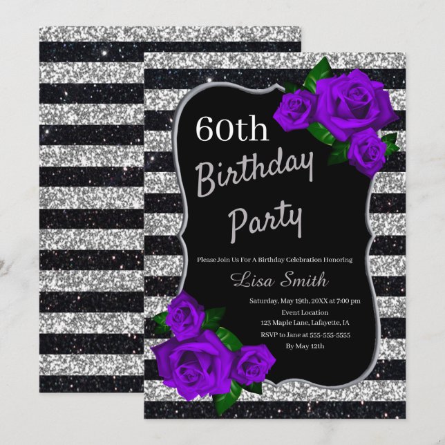 Birthday Silver Black Stripes Glitter Purple Roses Invitation (Front/Back)