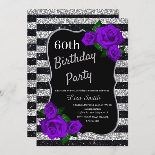 Birthday Silver Black Stripes Glitter Purple Roses Invitation