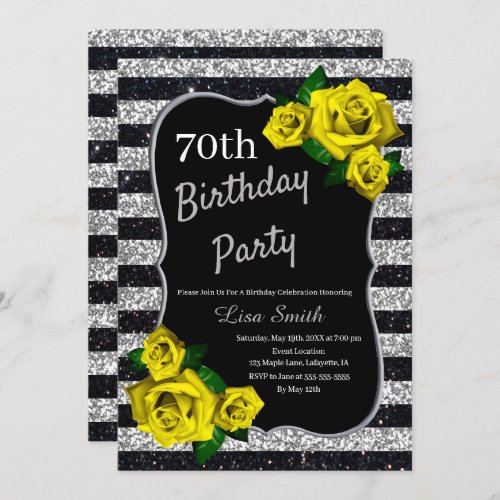 Birthday Silver Black Stripes Glitter Yellow Roses Invitation