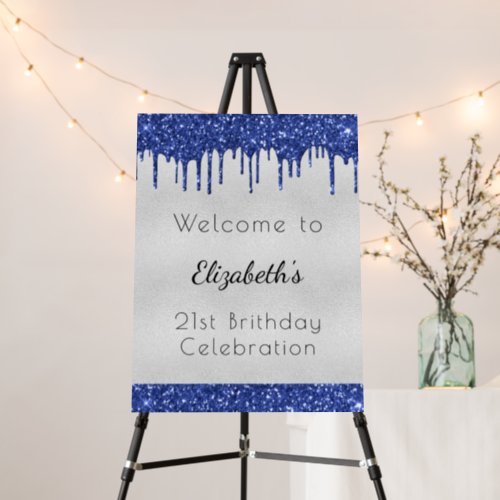 Birthday silver blu glitter drips monogram welcome foam board