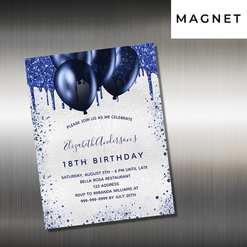 Birthday silver blue balloons invitation magnet