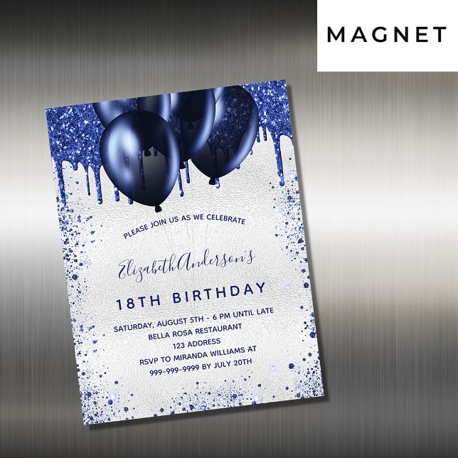 Birthday silver blue balloons invitation magnet (Creator Uploaded)