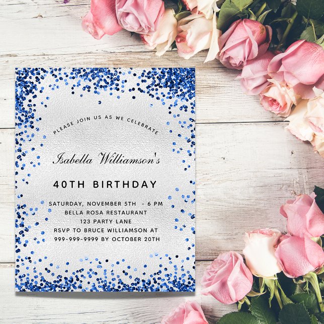 Birthday silver blue confetti invitation flyer (Creator Uploaded)