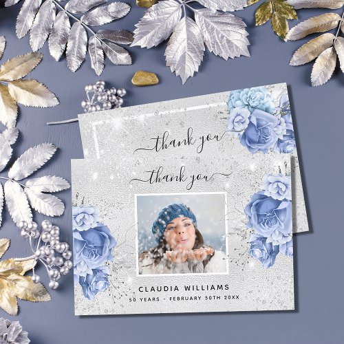 Birthday silver blue floral photo glitter thank you card