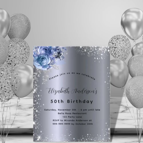 Birthday silver blue florals glitter invitation