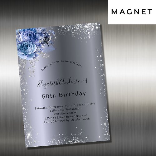 Birthday silver blue florals glitter luxury magnetic invitation