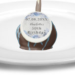 Birthday silver blue florals name cake pops<br><div class="desc">A faux silver looking background decorated with faux glitter,  sparkles and blue flowers.  Personalize and your name and the party date.</div>