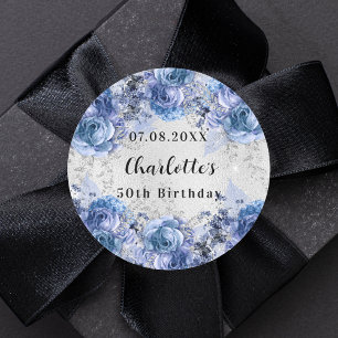 Birthday silver blue florals name classic round sticker