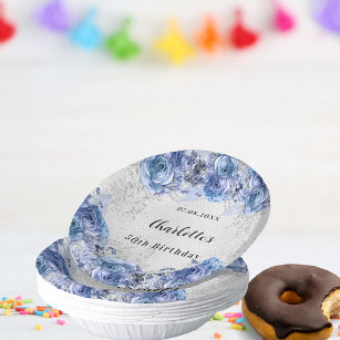 Birthday silver blue florals name paper bowls