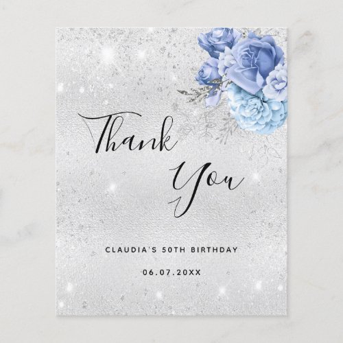 Birthday silver blue florals thank you card