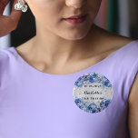 Birthday silver blue flowers button<br><div class="desc">A faux silver looking background decorated with faux glitter,  sparkles and blue flowers.  Personalize and your name and the party date.</div>