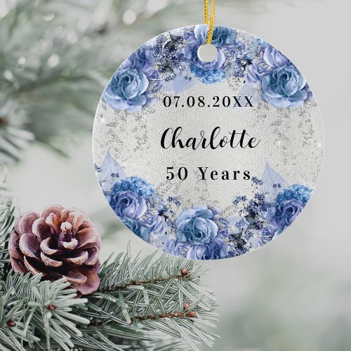 Birthday silver blue flowers ceramic ornament