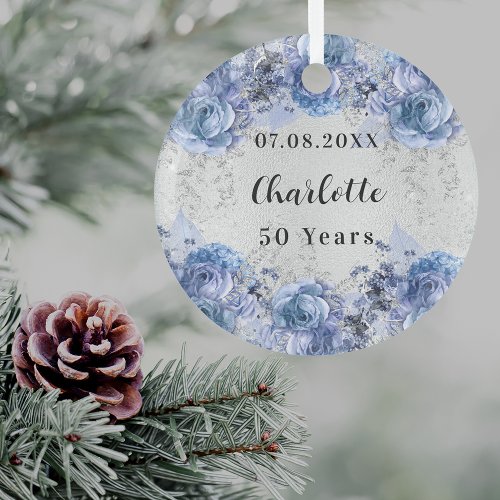 Birthday silver blue flowers glass ornament