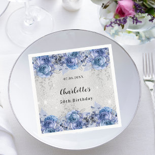 Birthday silver blue flowers napkins