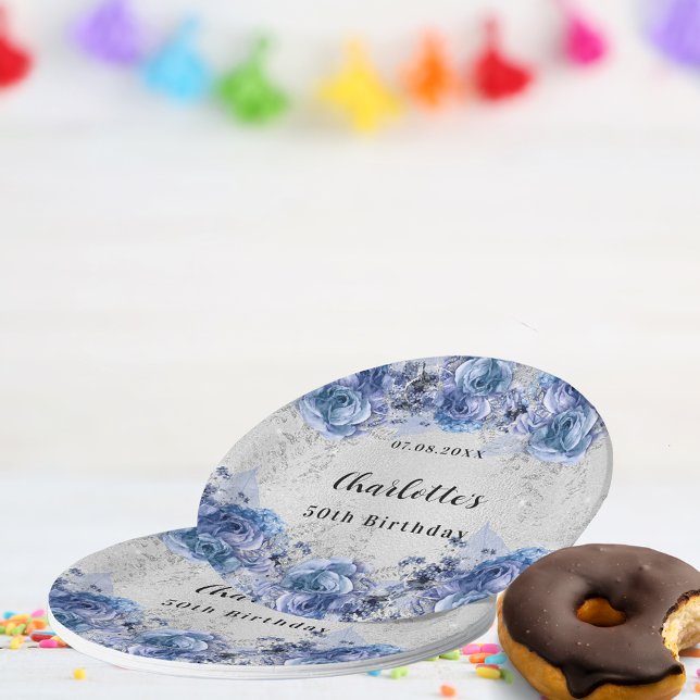 Birthday silver blue flowers paper plates (Creator Uploaded)