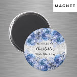Birthday silver blue flowers save the date magnet<br><div class="desc">A faux silver looking background decorated with faux glitter,  sparkles and blue flowers.  Personalize and your name and the party date.</div>