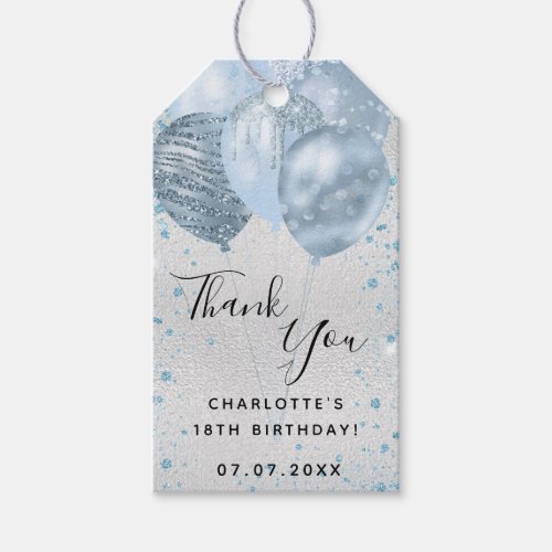 Birthday silver blue glitter balloons thank you  gift tags
