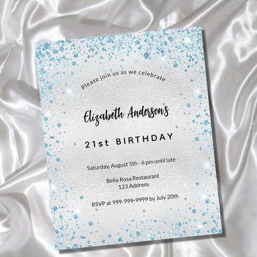 Birthday silver blue glitter budget invitation