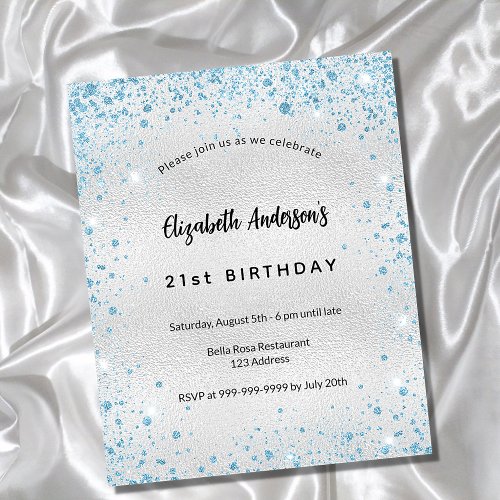 Birthday silver blue glitter budget invitation flyer