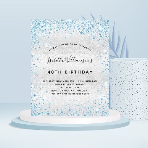 Birthday silver blue glitter budget invitation flyer