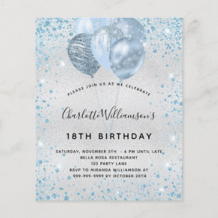 Birthday silver blue glitter budget invitation flyer