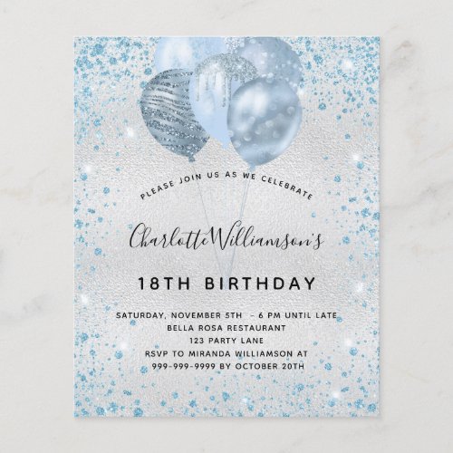 Birthday silver blue glitter budget invitation flyer