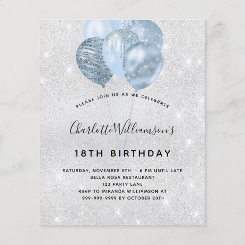 Birthday silver blue glitter budget invitation flyer