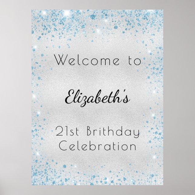 Birthday silver blue glitter dust name welcome poster (Front)