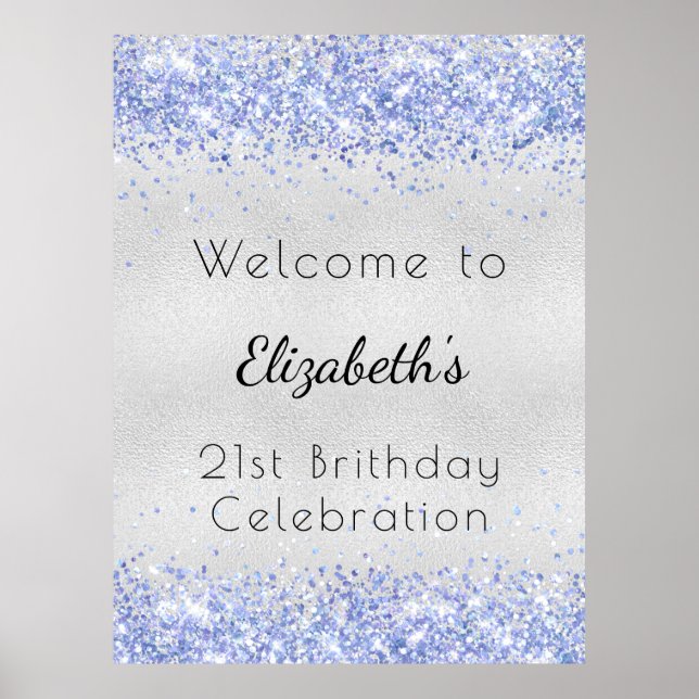 Birthday silver blue glitter name welcome poster (Front)