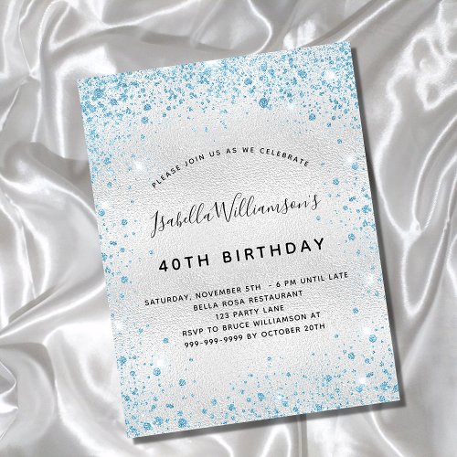 Birthday silver blue glitter sparkle glamorous invitation postcard